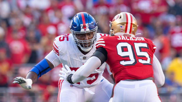 September 21, 2023; Santa Clara, California, USA; New York Giants guard Joshua Ezeudu (75) blocks San Francisco 49ers defensive end Drake Jackson (95) during the first quarter at Levi's Stadium. Mandatory Credit: Kyle Terada-USA TODAY Sports